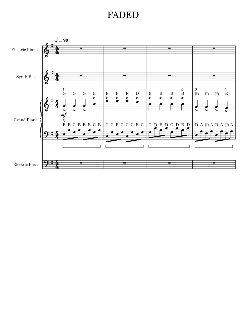 Faded - Keys Sheet music for Piano, Bass guitar (Mixed Quartet