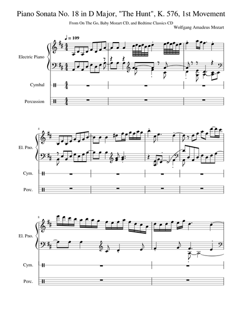 Piano Sonata No.18 in D major, K.576 – Wolfgang Amadeus Mozart Piano Sonata No. 18 in D Major, "The Hunt", K. 576, 1st Movement