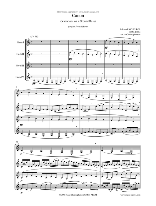 Pachelbel's Canon - French Horn Quartet (Arr. Anne L Christopherson GRSM ARCM) - Pachelbel, Johann (French Horn Solo)