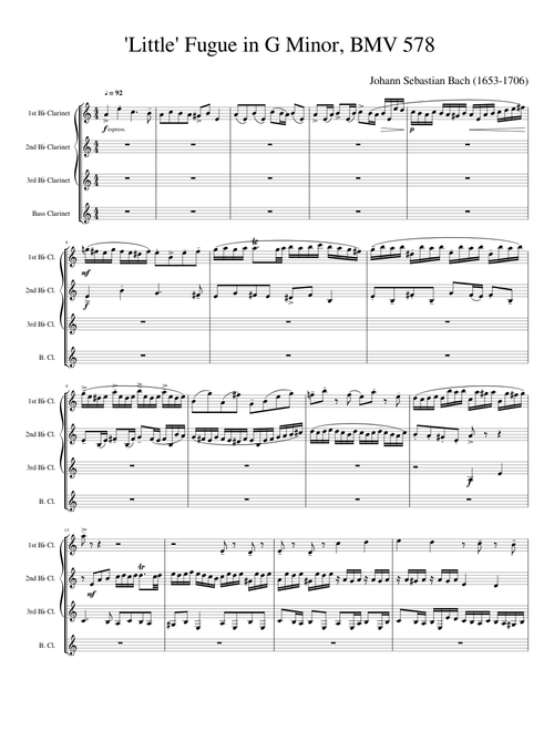 'Little' Fugue in G Minor, BMV 578 For Clarinet Quartet