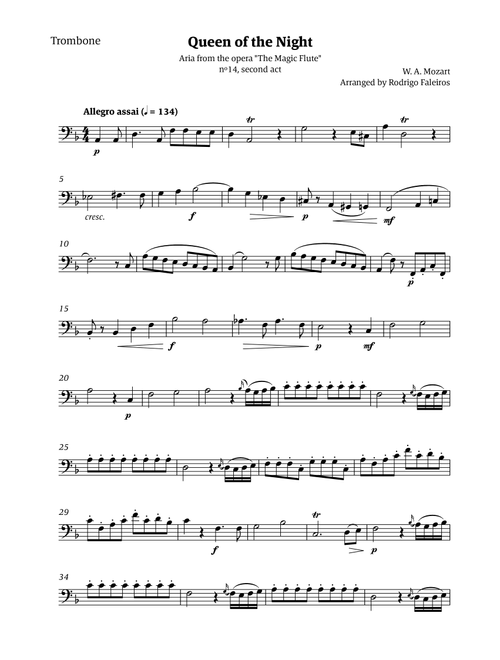 Queen of the Night - for solo trombone (Arr. Rodrigo Faleiros) - Mozart, W A Mozart (Trombone Solo)