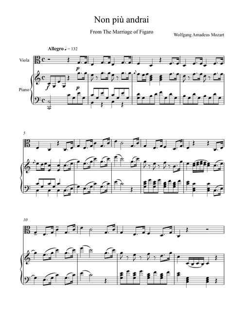 Wolfgang Amadeus Mozart - Non più andrai - The Marriage of Figaro (Viola Solo) (Arr. André Laitano) (Instrumental Duet)