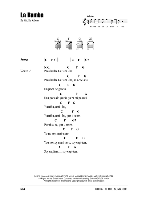 La Bamba - Ritchie Valens (Guitar Chords-Lyrics)