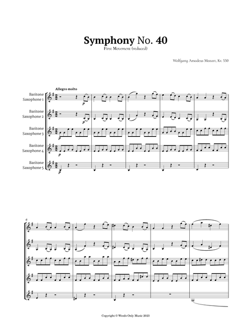 Symphony No. 40 by Mozart for Baritone Sax Quintet (Arr. Ander) (Woodwind Ensemble)