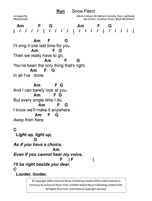 Run (Arr. MartynGuitar) - Snow Patrol (Ukulele Chords-Lyrics)