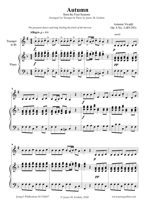 Vivaldi: Autumn from the Four Seasons for Trumpet & Piano (Arr. James M. Guthrie, ASCAP) - Antonio Vivaldi (Trumpet and Piano)