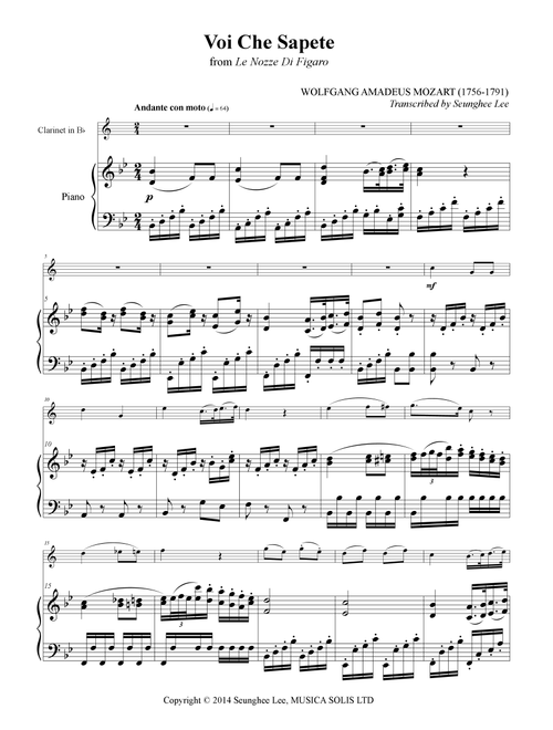 Mozart: Voi Che Sapete for Clarinet and Piano (Arr. Seunghee Lee) - W. A. Mozart (Clarinet and Piano)