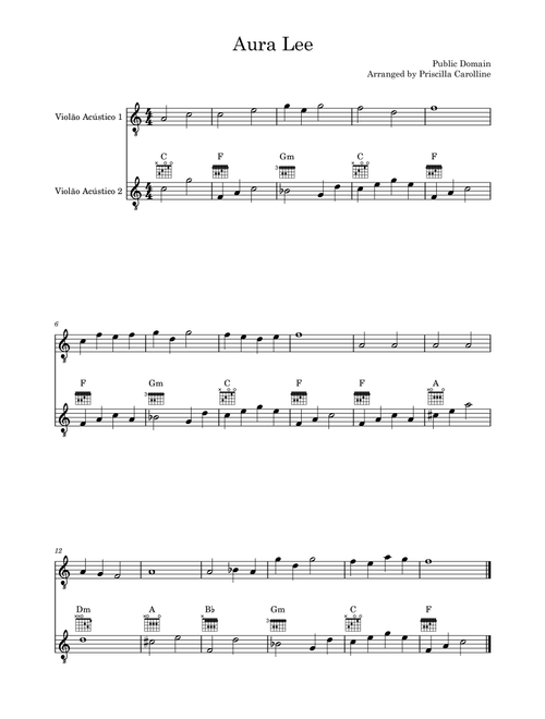 Aura Lee (Arr. Priscilla Carolline) - Traditional (Instrumental Duet)