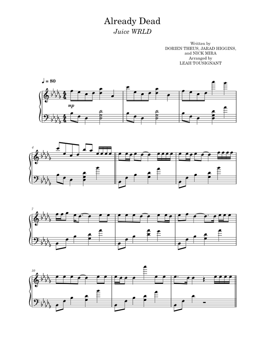 Already Dead Juice WRLD (Sample) Sheet music for Piano (Solo