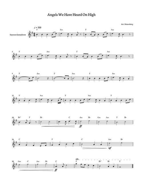 Christmas Song - Angels We Have Heard on High for Soprano Sax with chords (Arr. Heisenberg) - Wilfrid Moreau (Soprano Sax Solo)