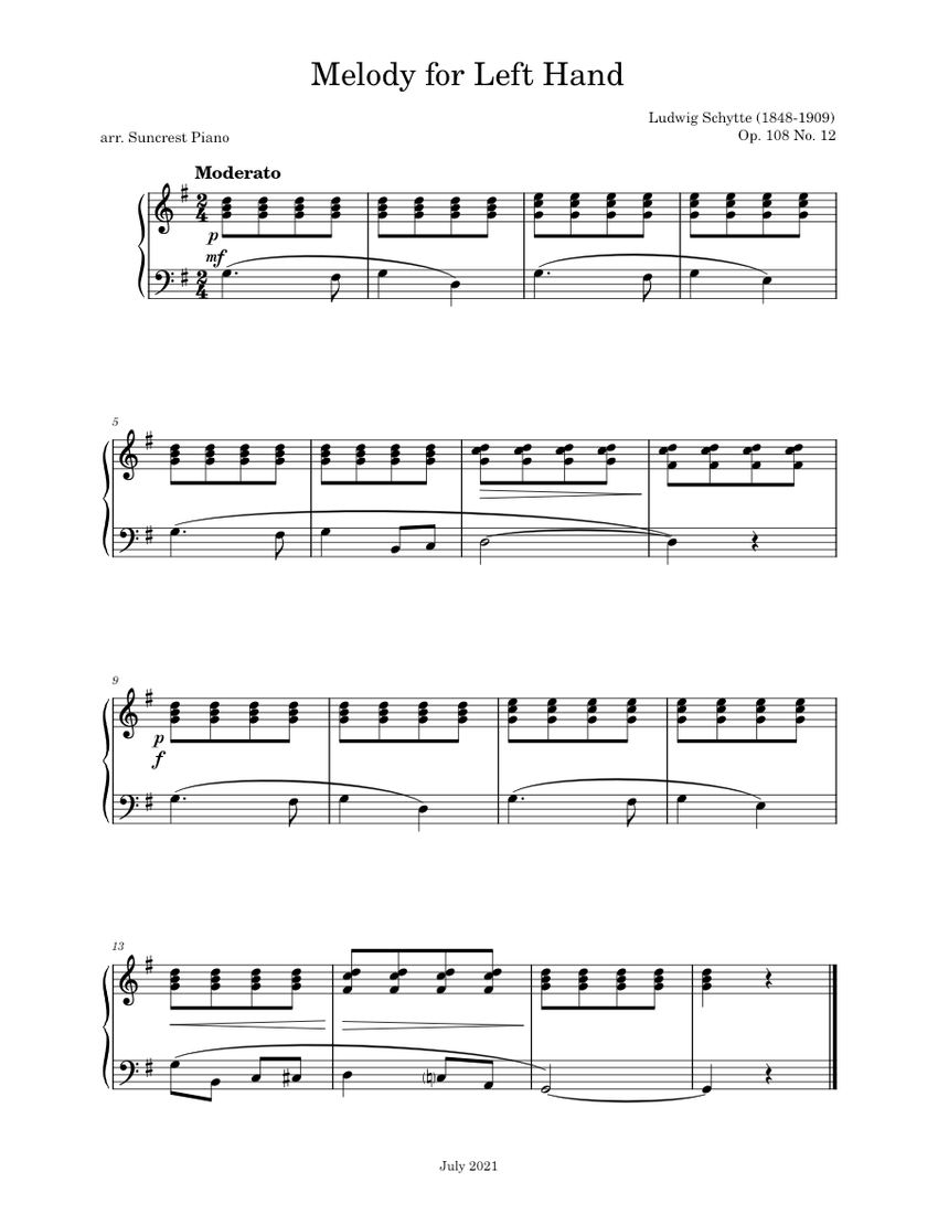 Melody for Left Hand No. 12 Op. 108 Ludvig Schytte Sheet music for Piano Solo Easy Musescore