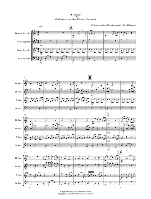Adagio from Mozart's Clarinet Concerto for Recorder Quartet (Arr. David Burndrett) - Wolfgang Amadeus Mozart (Recorder Solo)