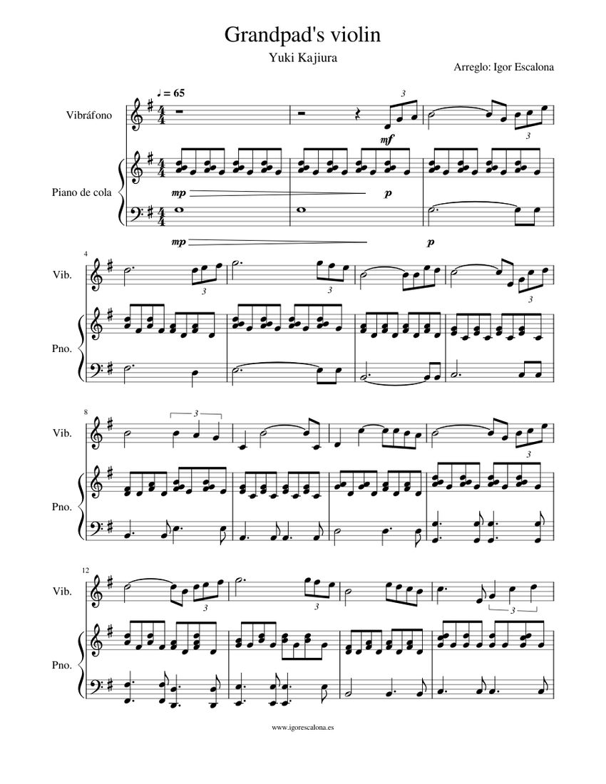 Grandpa's Violin | Yuki Kajiura | Vibráfono y Piano Sheet