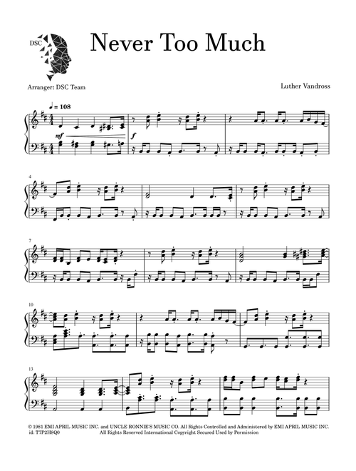 Never Too Much (Arr. Digital Scores Collection) - Luther Vandross (Piano Solo)