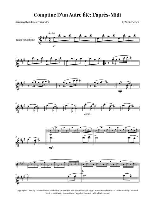 Comptine D'un Autre Été: L'après-Midi (Arr. Glauco Fernandes) - Yann Tiersen (Tenor Sax Solo)