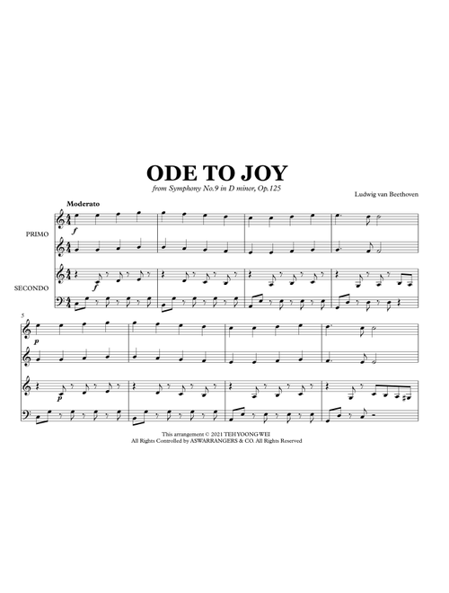 Ode to Joy — Easy Piano Duet (1 Piano, 4 Hands) 欢乐颂 — 简易钢琴四手联弹版 (Arr. Teh Yoong Wei) - Ludwig Van Beethoven (Piano Duet)