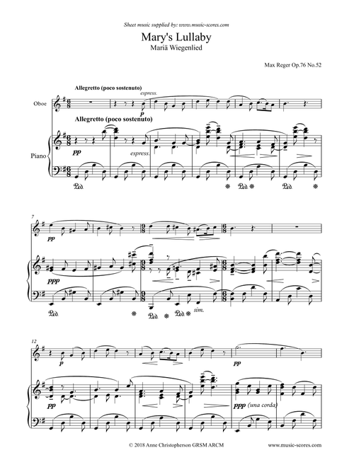 Mary's Lullaby, or Maria Wiegenlied - Oboe and Piano (Arr. Anne L Christopherson GRSM ARCM) - Reger, Max (Oboe and Piano)