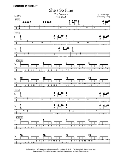 She's So Fine (Arr. Rhys Lett) - The Easybeats (Bass Tab)