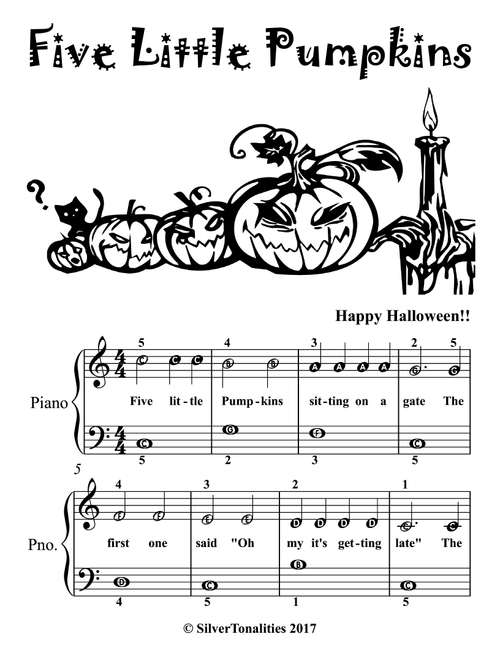 Five Little Pumpkins Easiest Piano Sheet Music (Arr. SilverTonalities) - Traditional Children's Song (Easy Piano)