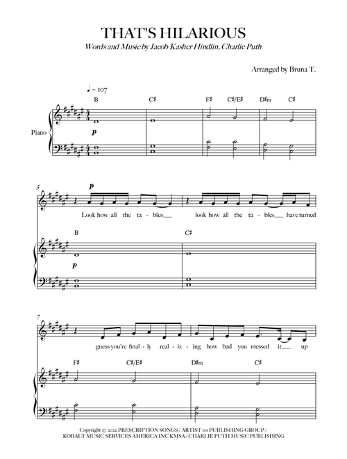 That's Hilarious (Arr. Bruna T.) - Charlie Puth (Piano Vocal)