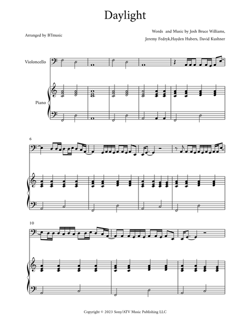 Daylight (Arr. BTmusic) - David Kushner (Cello and Piano)