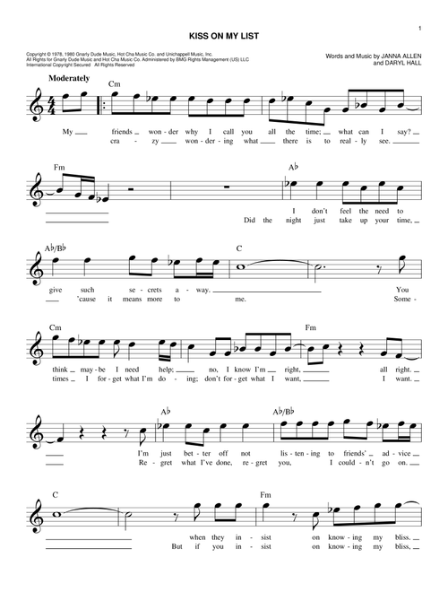 Kiss On My List - Hall & Oates, Daryl Hall & John Oates (Easy Lead Sheet - Fake Book)