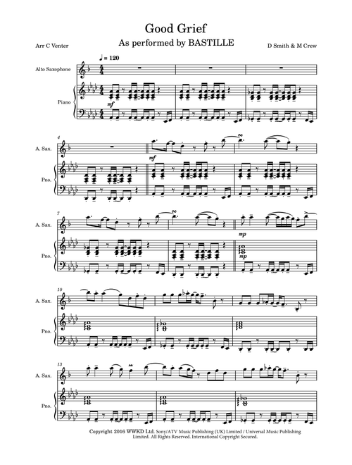 Good Grief (Arr. Caroline Venter) - Bastille (Alto Sax and Piano)