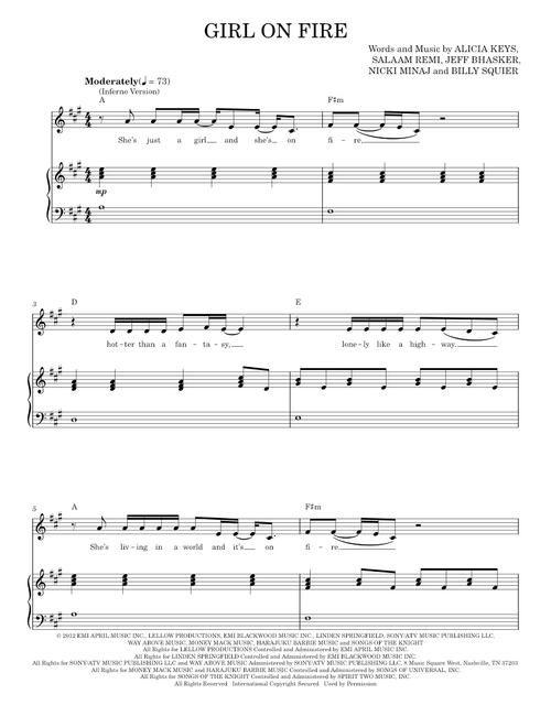 Girl On Fire (Inferno Version) - Alicia Keys Featuring Nicki Minaj (Piano Vocal)