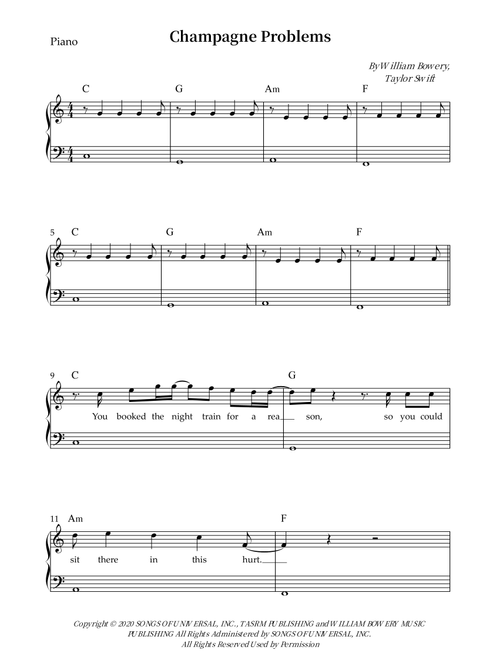 Champagne Problems (Arr. Wesley S. SIlva) - Taylor Swift (Piano-Vocal-Guitar (Piano Accompaniment))