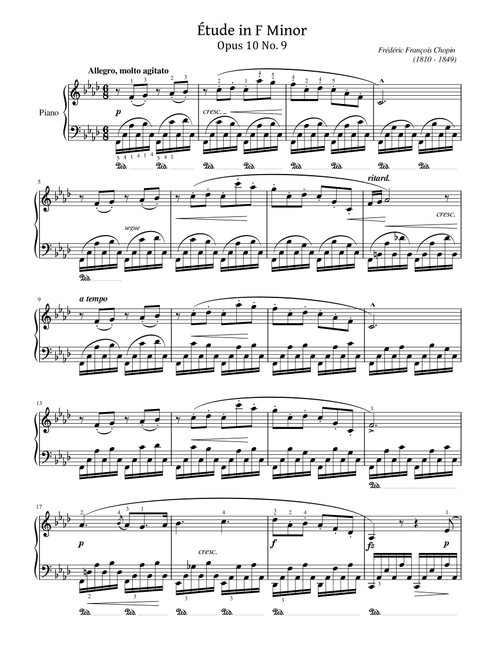 Chopin - Étude Op.10 No.9 in F Minor - Original With Fingered - For Piano Solo (Arr. poon) - Frédéric François Chopin (Piano Solo)