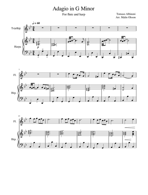 Adagio – Tomaso Albinoni Adagio in G minor for flute and harp