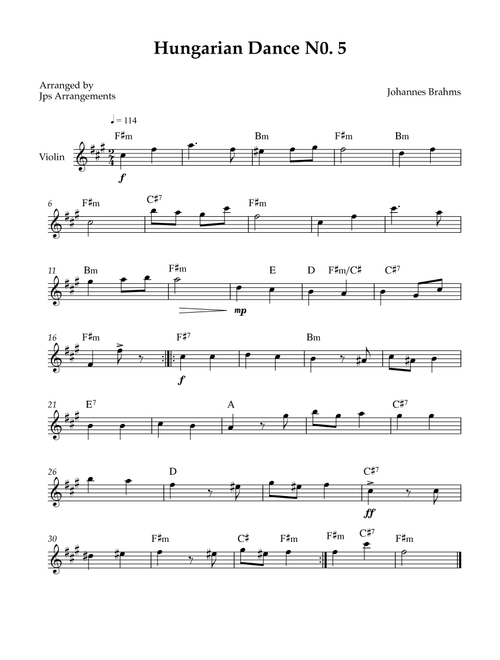 Hungarian Dance No. 5 for Violin - key of F#m (Arr. Jps Arrangements) - Johannes Brahms (Violin Solo)