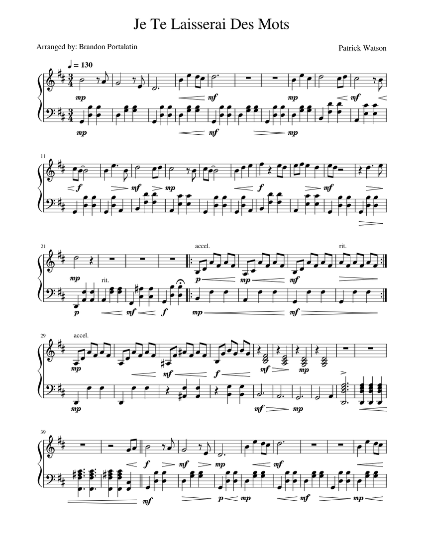 Je Te Laisserai Des Mots Marimba - Patrick Watson/Brandon Portalatin Sheet  music for Marimba (Solo) | Musescore.com