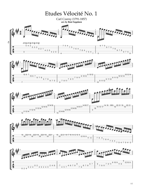 Carl Czerny School of Velocity - Study No. 1 for Flatpicking Guitar (Arr. Roni Seppänen) (Guitar Tab)