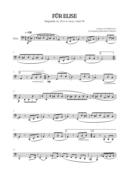 Beethoven • Für Elise / Pour Elise • tuba sheet music (Arr. Benzaiten Editions) - Ludwig Van Beethoven (Tuba Solo)