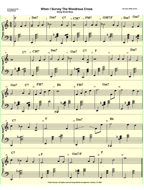 When I Survey The Wondrous Cross - Using Stride Bass (Arr. Doug Abbott) - By Isaac Watts (1707) (Piano-Vocal-Guitar (Piano Accompaniment))