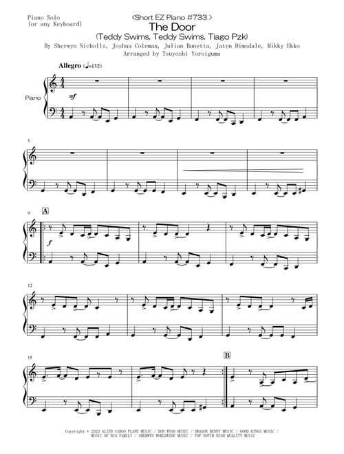 The Door (Arr. Tsuyoshi Yoroiguma) - Teddy Swims (Easy Piano)