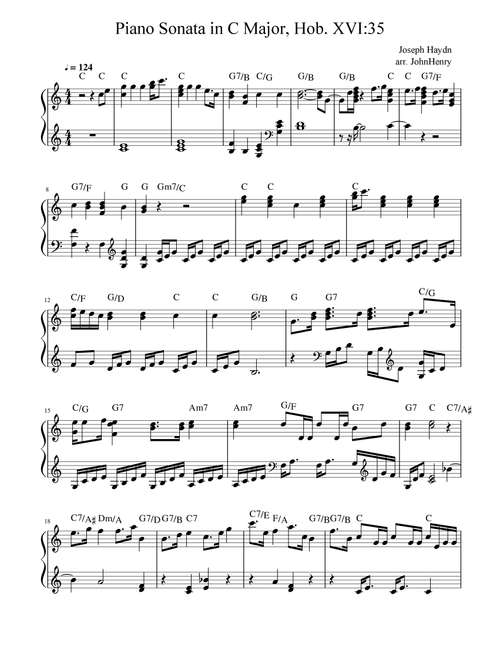 Piano Sonata in C Major, Hob. XVI:35 - Joseph Haydn (Easy Piano Arrangement) (Arr. JohnHenry) (Piano Solo)