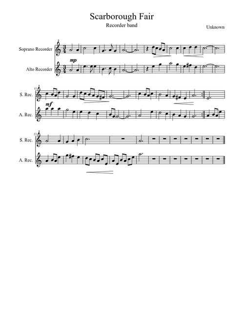 Scarborough Fair Alto and Descant recorder part.