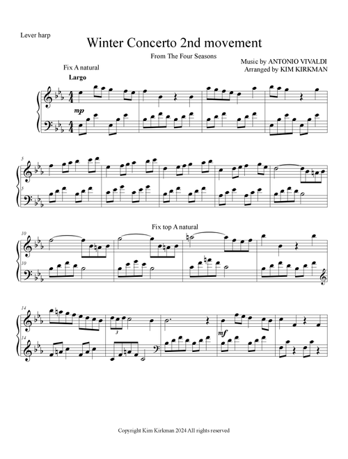 Winter second movement (Largo) from The Four Seasons by Vivaldi in original key Eb (Arr. Kim Kirkman) (Harp)