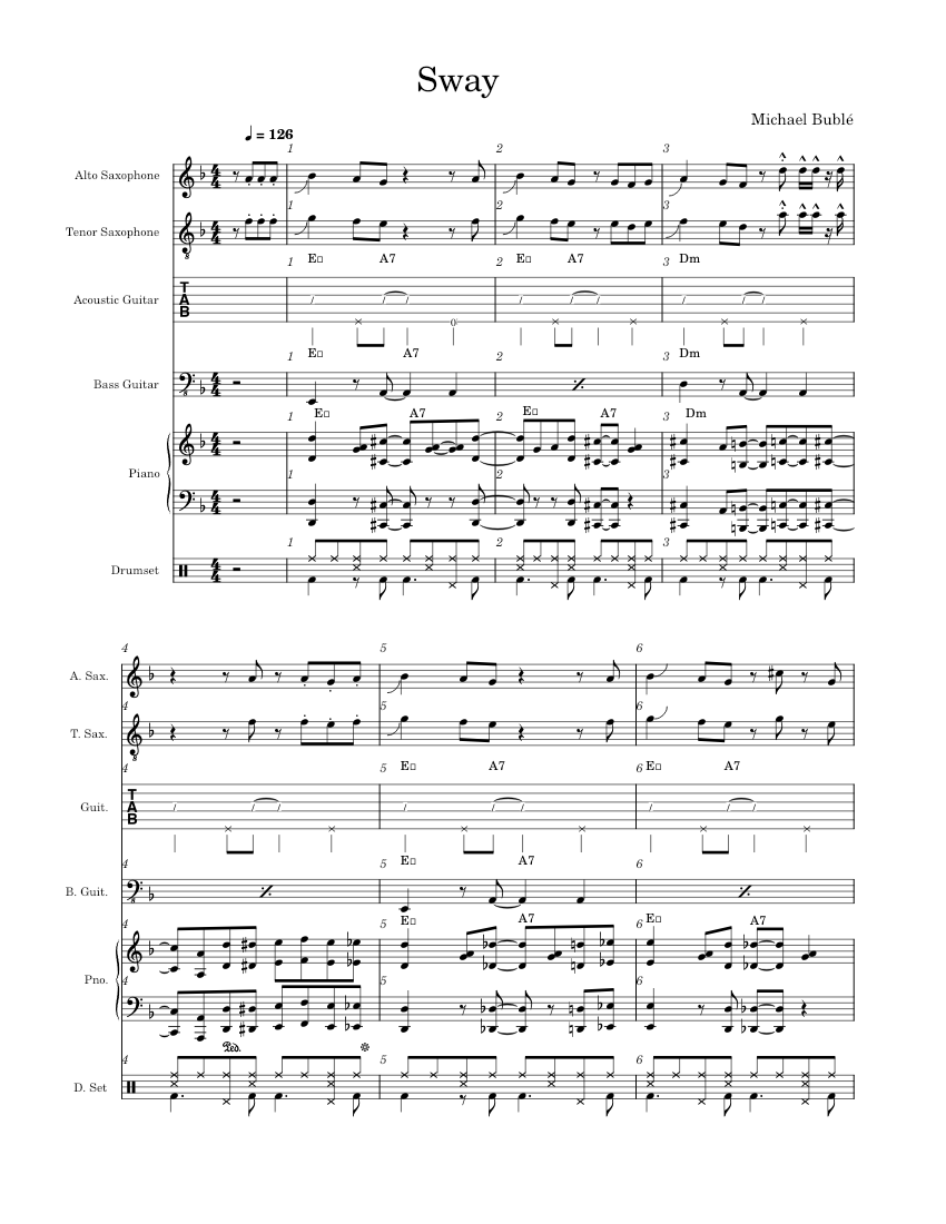 Sway Michael Bublé Sway Sheet music for Piano, Saxophone alto