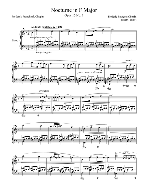 Nocturne Opus 15 No. 1 in F Major (Arr. Zachary Corbett) - Frederic Chopin (Piano Solo)