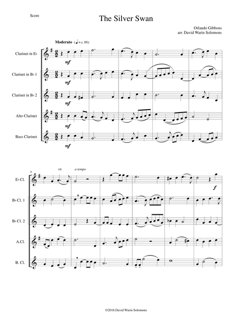 The Silver Swan for clarinet quintet (E flat, 2 B flats, Alto and Bass) (Arr. David Warin Solomons) - Orlando Gibbons (Woodwind Ensemble)