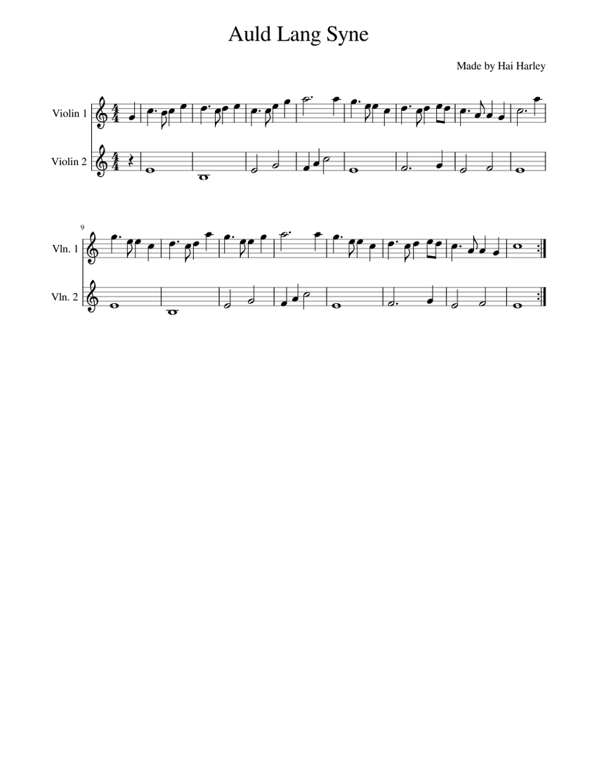 Auld Lang Syne Violin Version. Sheet Music for Violin (String Duet ...