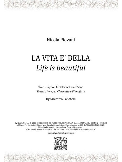 Life Is Beautiful (la Vita E Bella) (Arr. Silvestro Sabatelli) - Nicola Piovani (Clarinet and Piano)