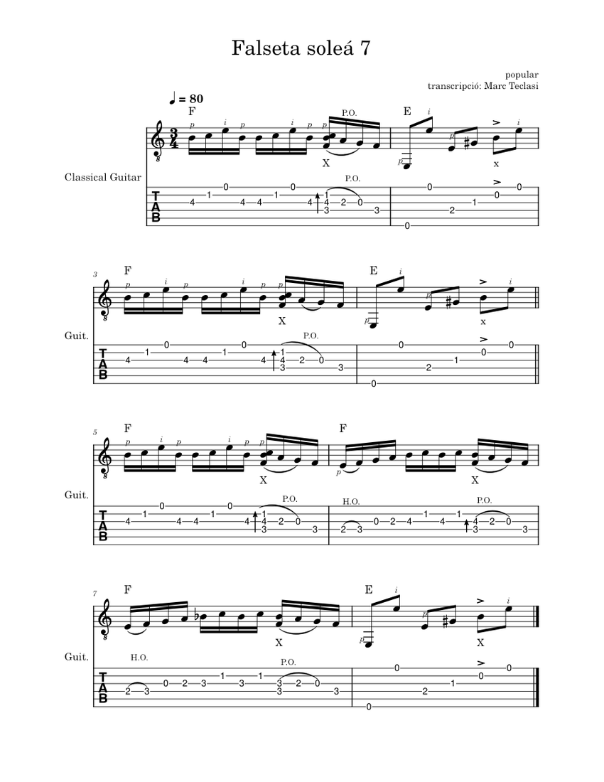 Falseta 7 sole unkown sheet music for guitar solo musescore
