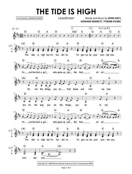 The Tide Is High (Arr. Frieder Schmidt) - Blondie (Lead Sheet - Fake Book)