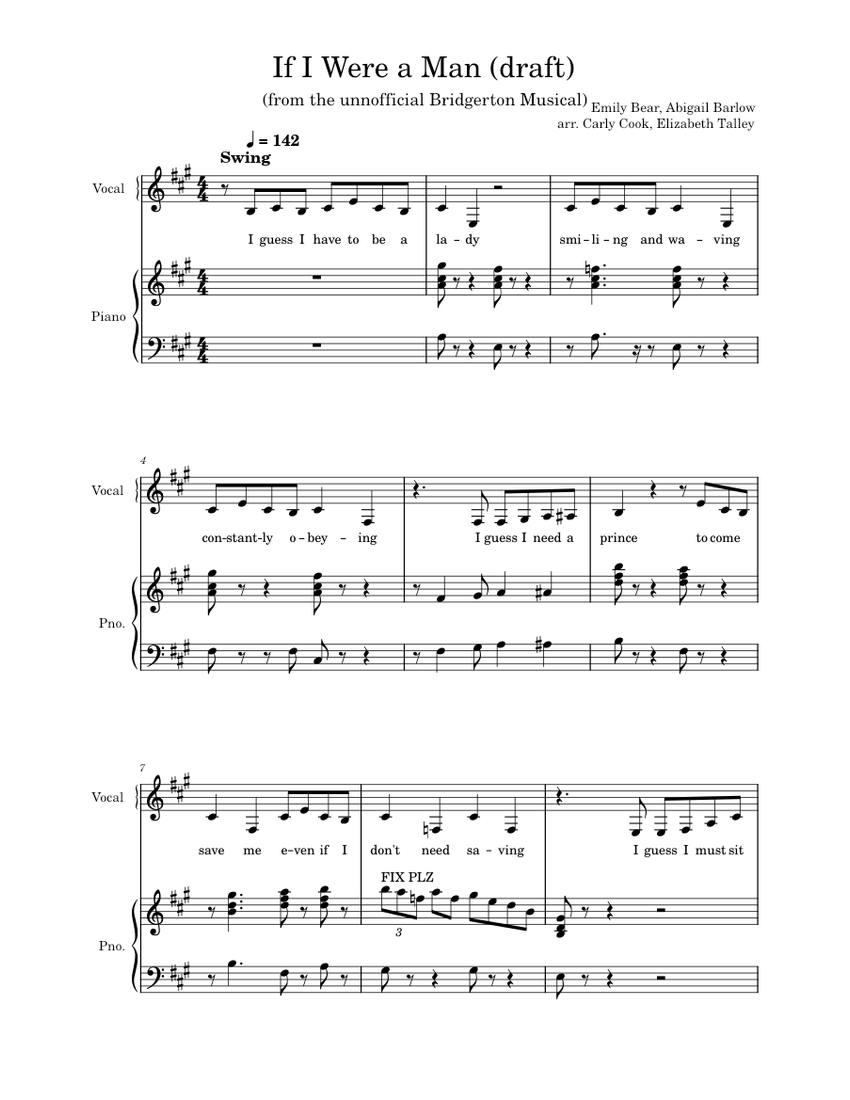 If I Were a Man (draft) Sheet Music for Piano