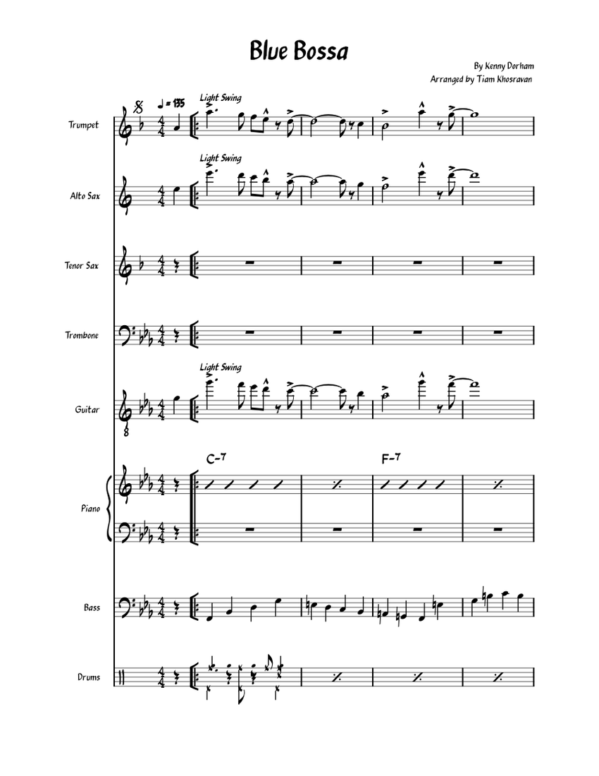 Blue bossa Kenny Dorham Blue Bossa Sheet music for Piano Trombone Saxophone alto Saxophone tenor more instruments Jazz Band Musescore