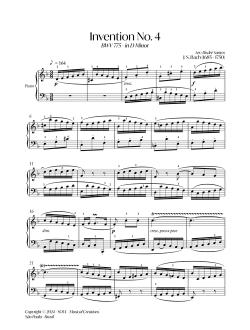 BWV 775 - Invention No. 4 in D Minor (Arr. Bisdre Santos) - J S Bach (Piano Solo)